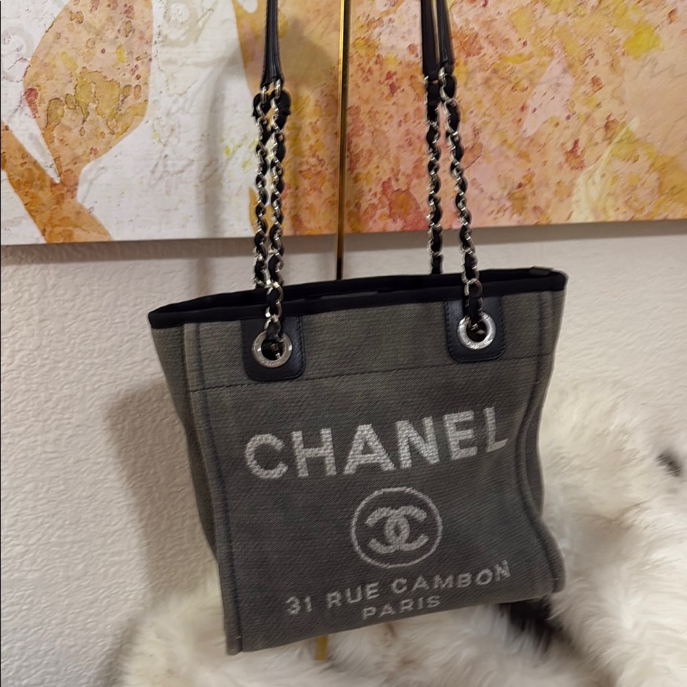CHANEL Gray Deauville Tote Bag with Black Strap and Silver Hardware